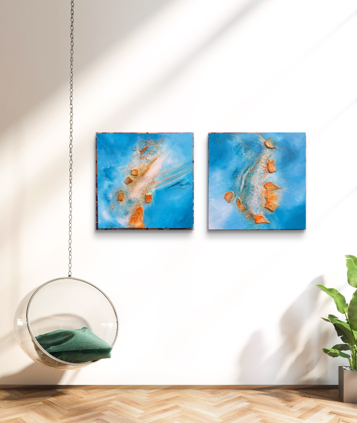 Breathing Stillness + Breathing Motion texturiertes abstraktes Gemälde in Blau und Koralle - maritime Kunst für Hotels von Marleen Zypern