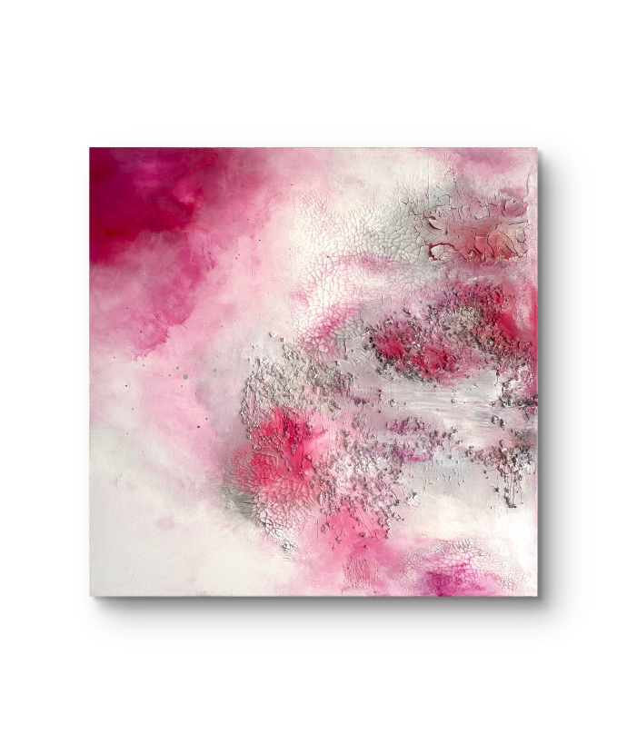 Abstract painting in pink and white with cracked texture paste, raised relief areas, and soft color transitions.