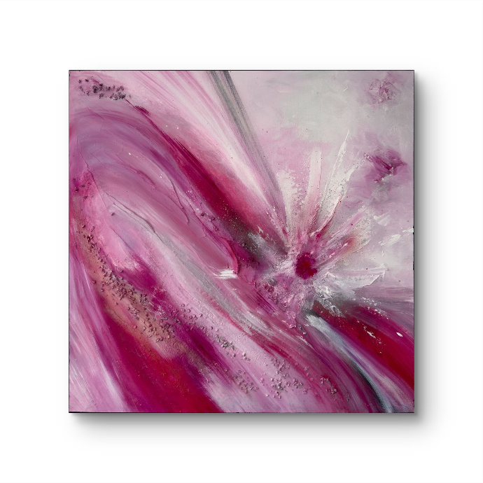 Square abstract artwork in pink, white, and grey with textured central zone and softly blended outer areas.