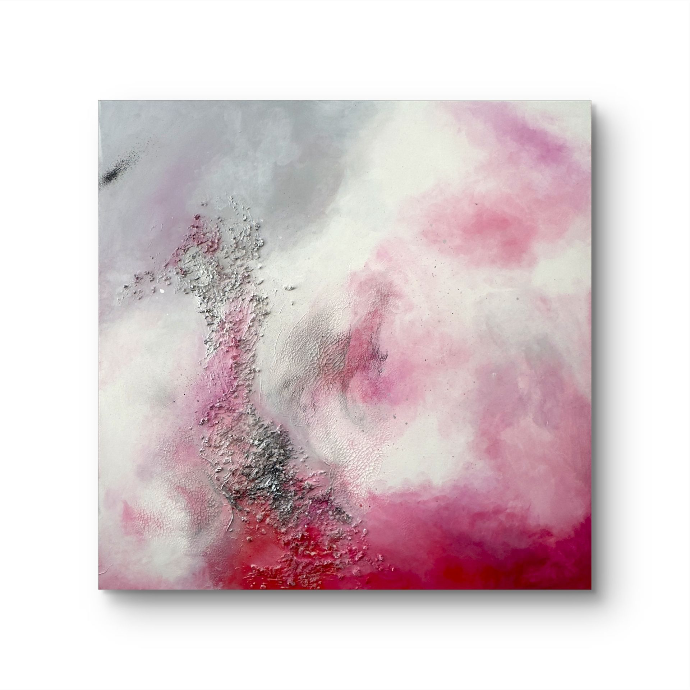 Abstract painting in pink and grey tones with modeled texture, exposed material edges, and visible relief areas.