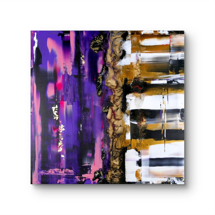 Abstract mixed media artwork with vertical division, textured central band, gold accents, black, and pink.