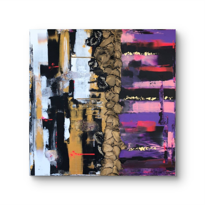 Mixed media painting with vivid pink, violet, and gold, central relief structure, and defined vertical composition.