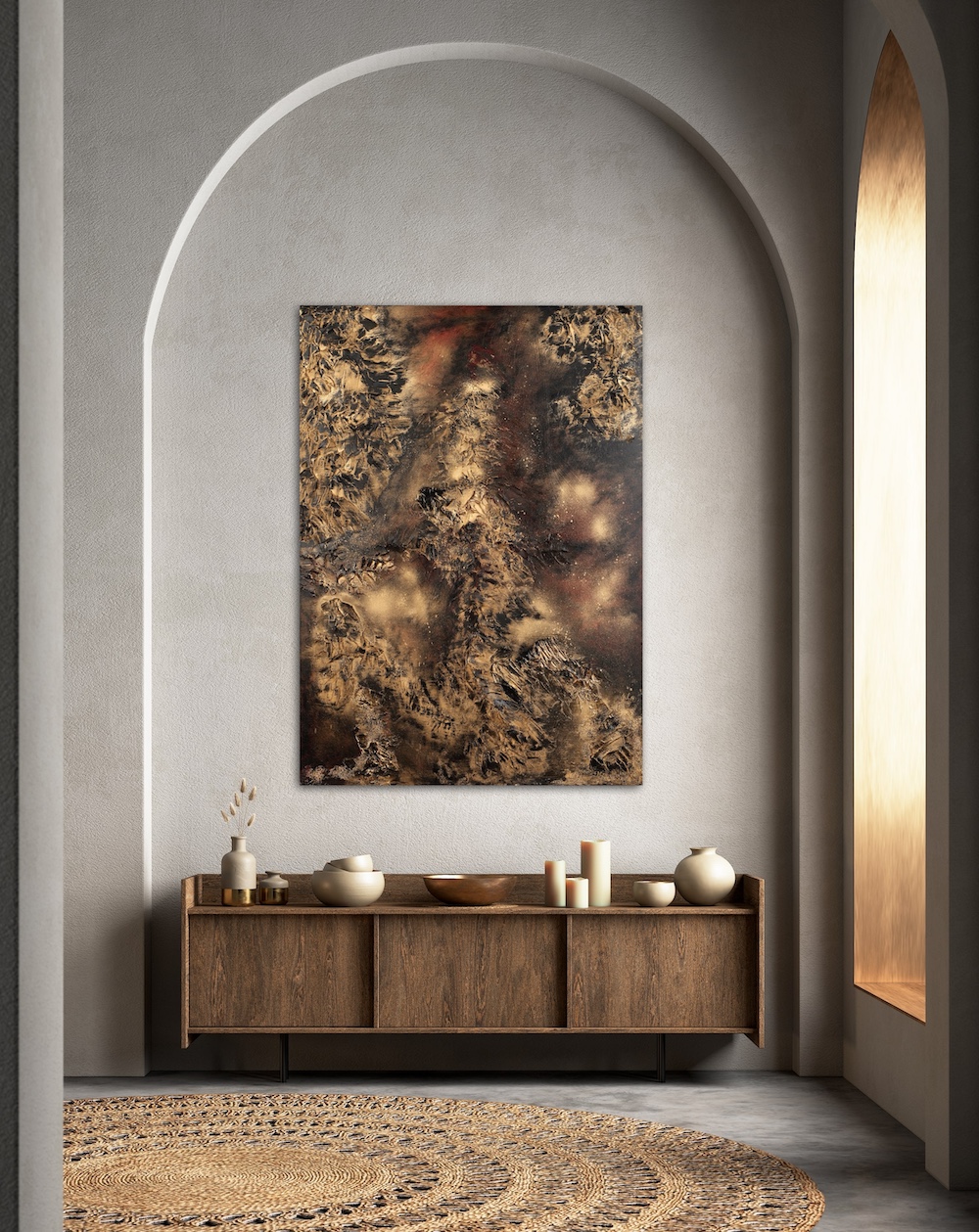 Original abstraktes Gemälde mit Acryl, Strukturpaste und Goldspray