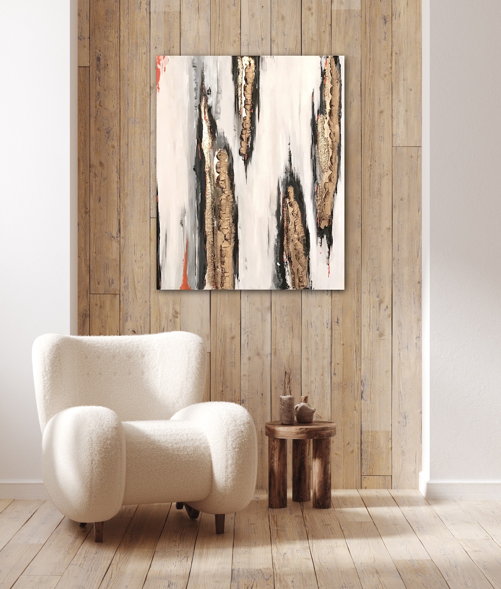Abstraktes Wandbild gold, schwarz, weiß mit viel Struktur 70x100cm