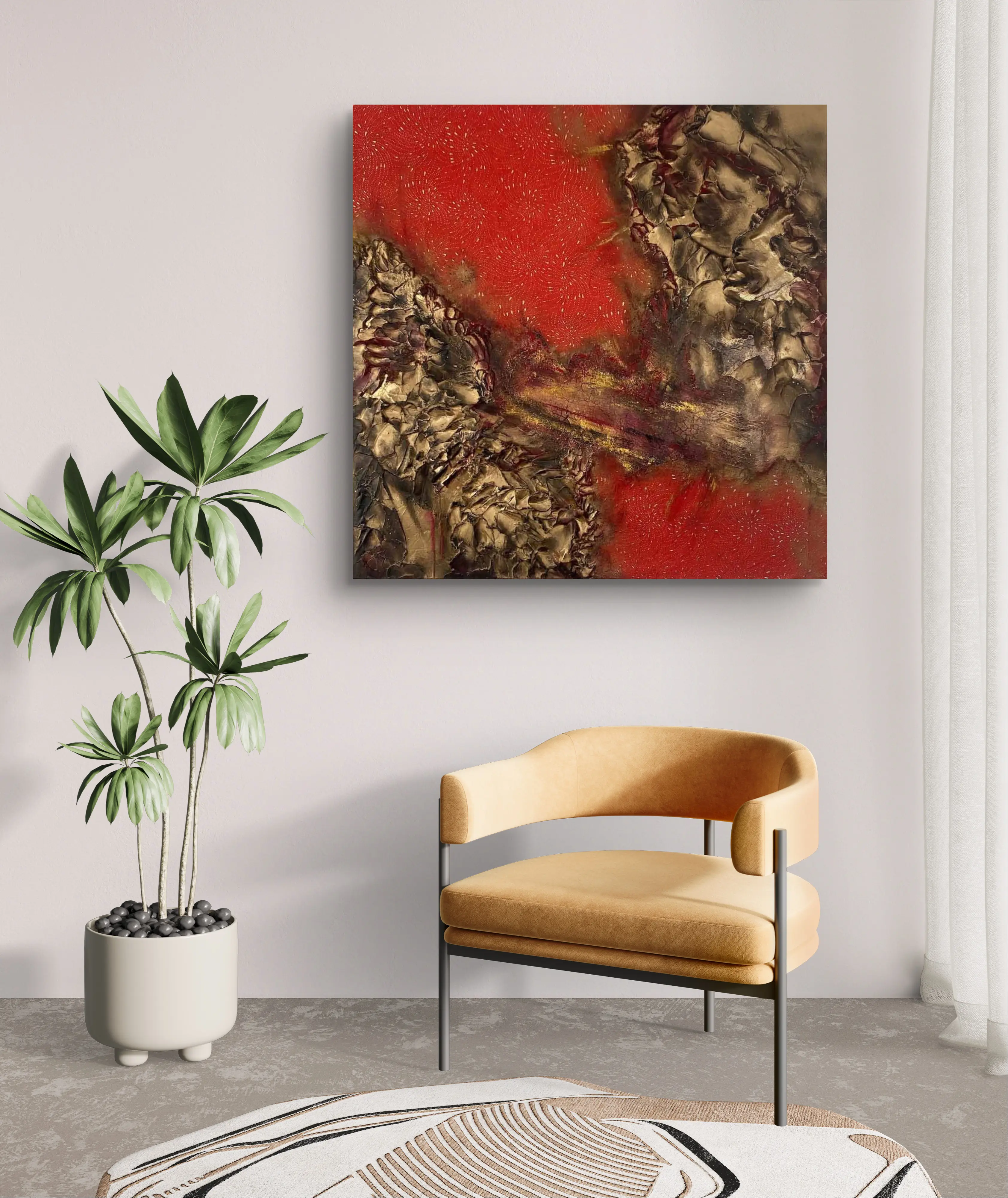 Red Ocean (2020) - 80x80cm Mixed Media Kunstwerk mit erhabenen Strukturen, handgeschöpftem Papier und Gold von Marleen