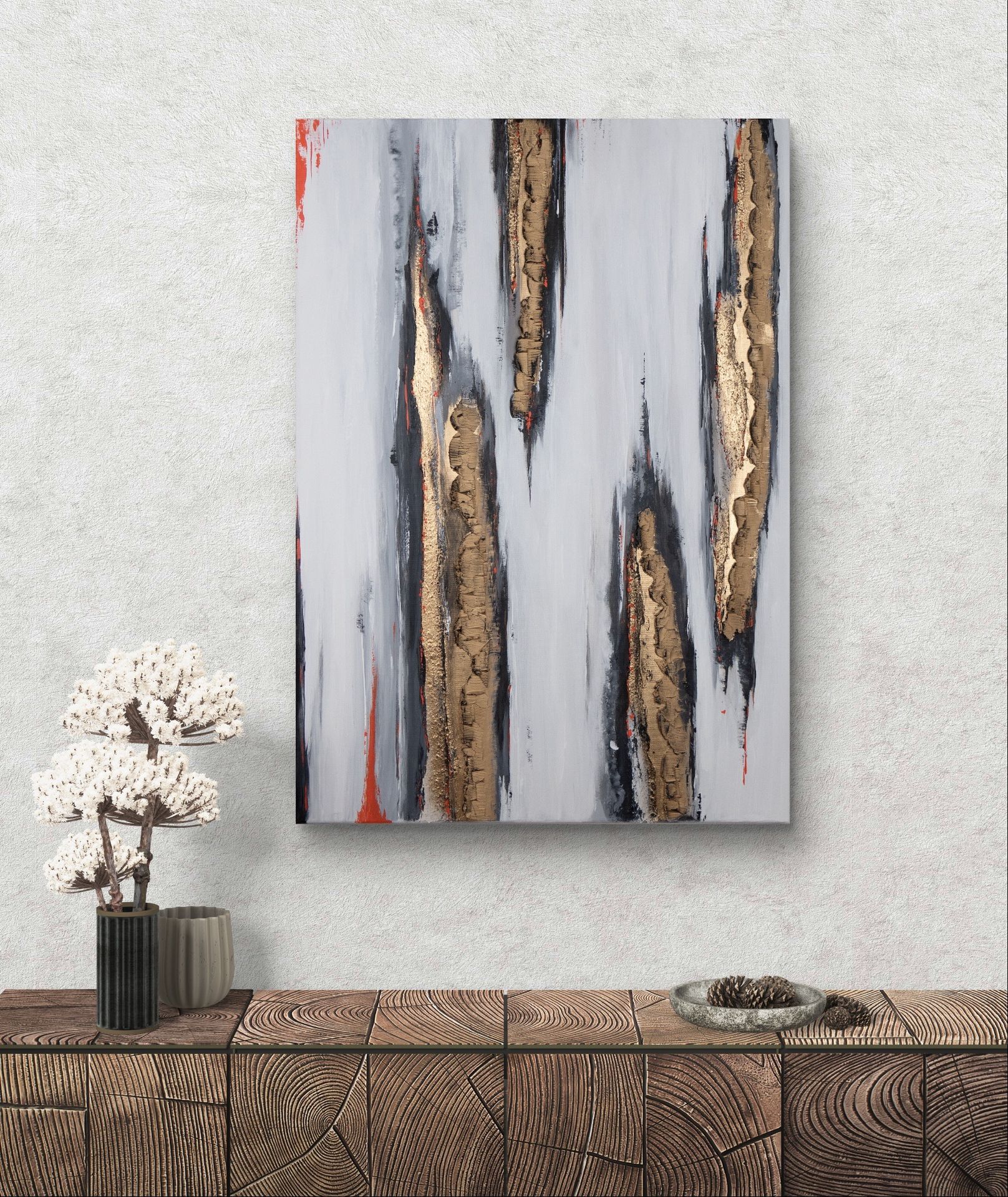 Abstraktes Kunstwerk an weißer Wand - texturierte Mixed Media Malerei