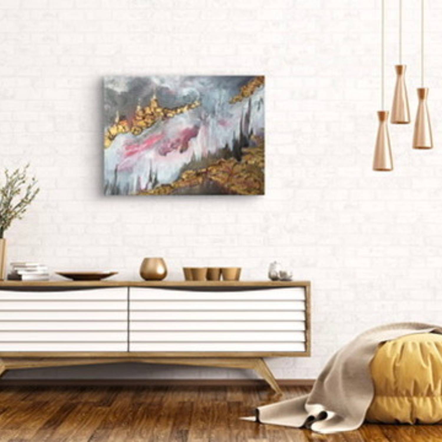 Fairyland (2015) - 80x60cm Mixed Media Kunstwerk mit rosa, grau und gold von Marleen