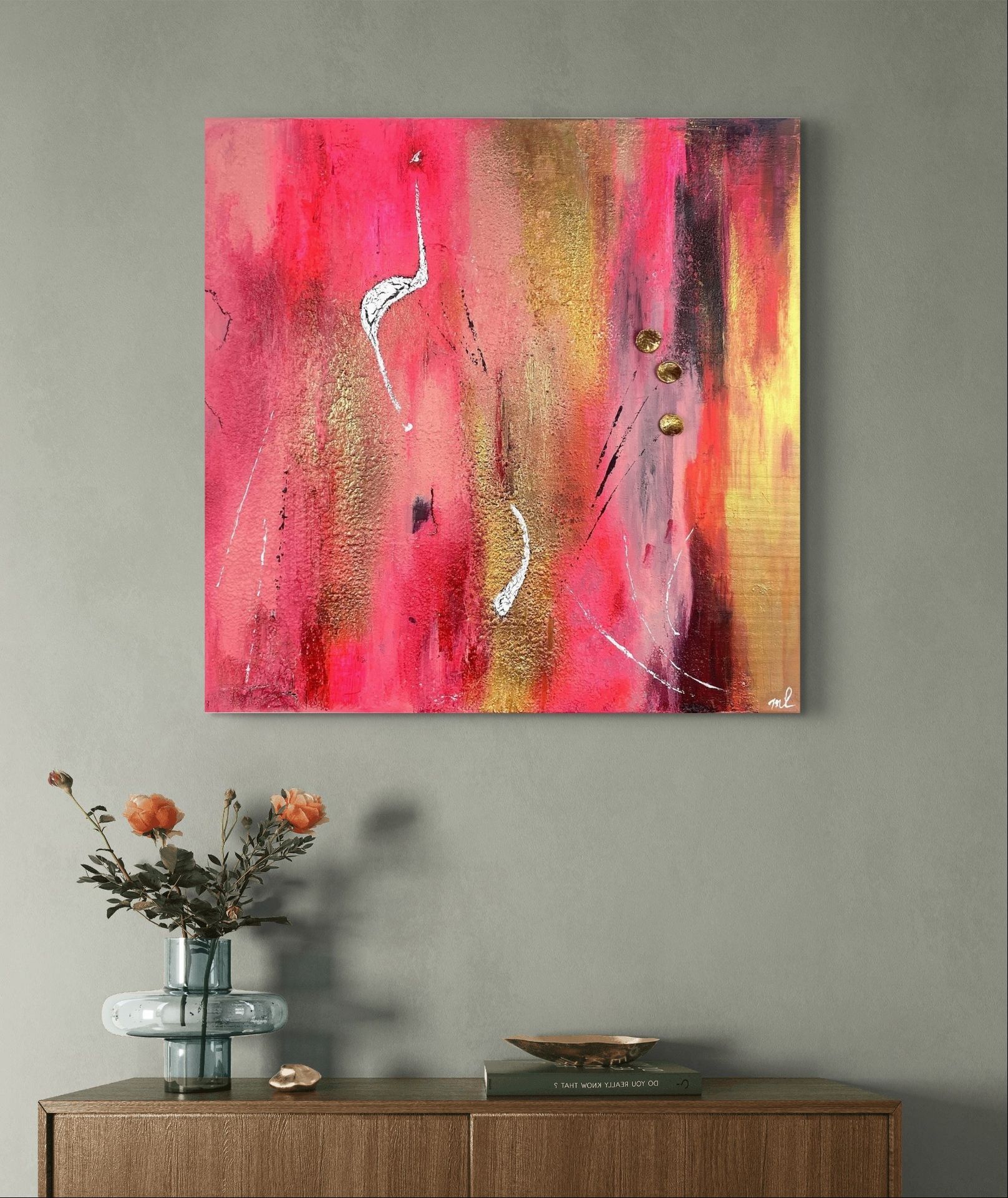 Happyness (2019) - 60x60cm Mixed Media Werk in lebendigen Pink- und Orangetönen von Marleen