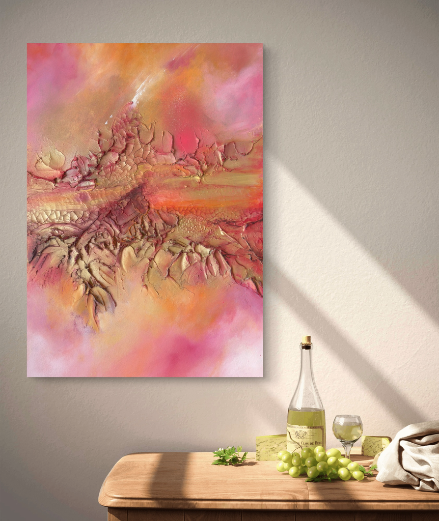 Offelia – Mixed Media Wandbild in warmen Rot- und Goldtönen.webp
