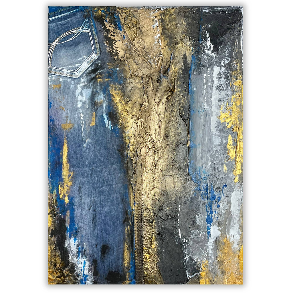 Denim & Gold 1 - abstraktes Wandbild auf Leinwand mit Jeans 70x50cm