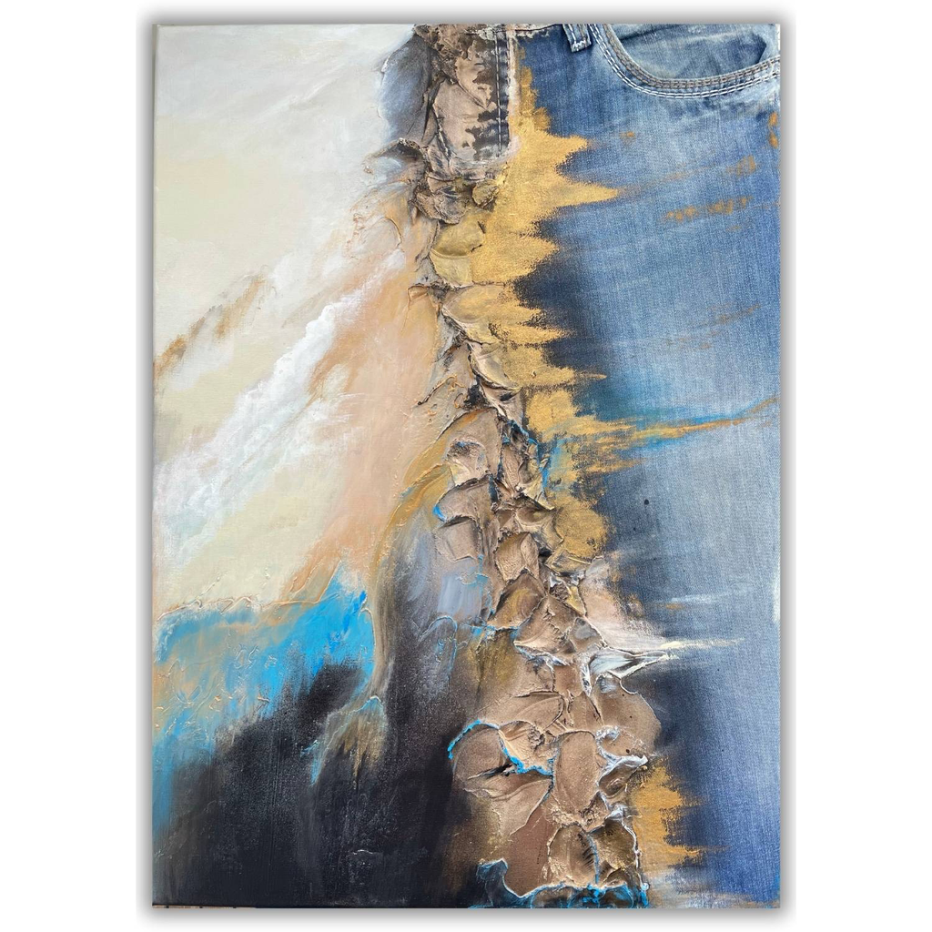 Denim & Gold 2 - abstraktes Wandbild auf Leinwand mit Viazoni-Jeans 70x50cm