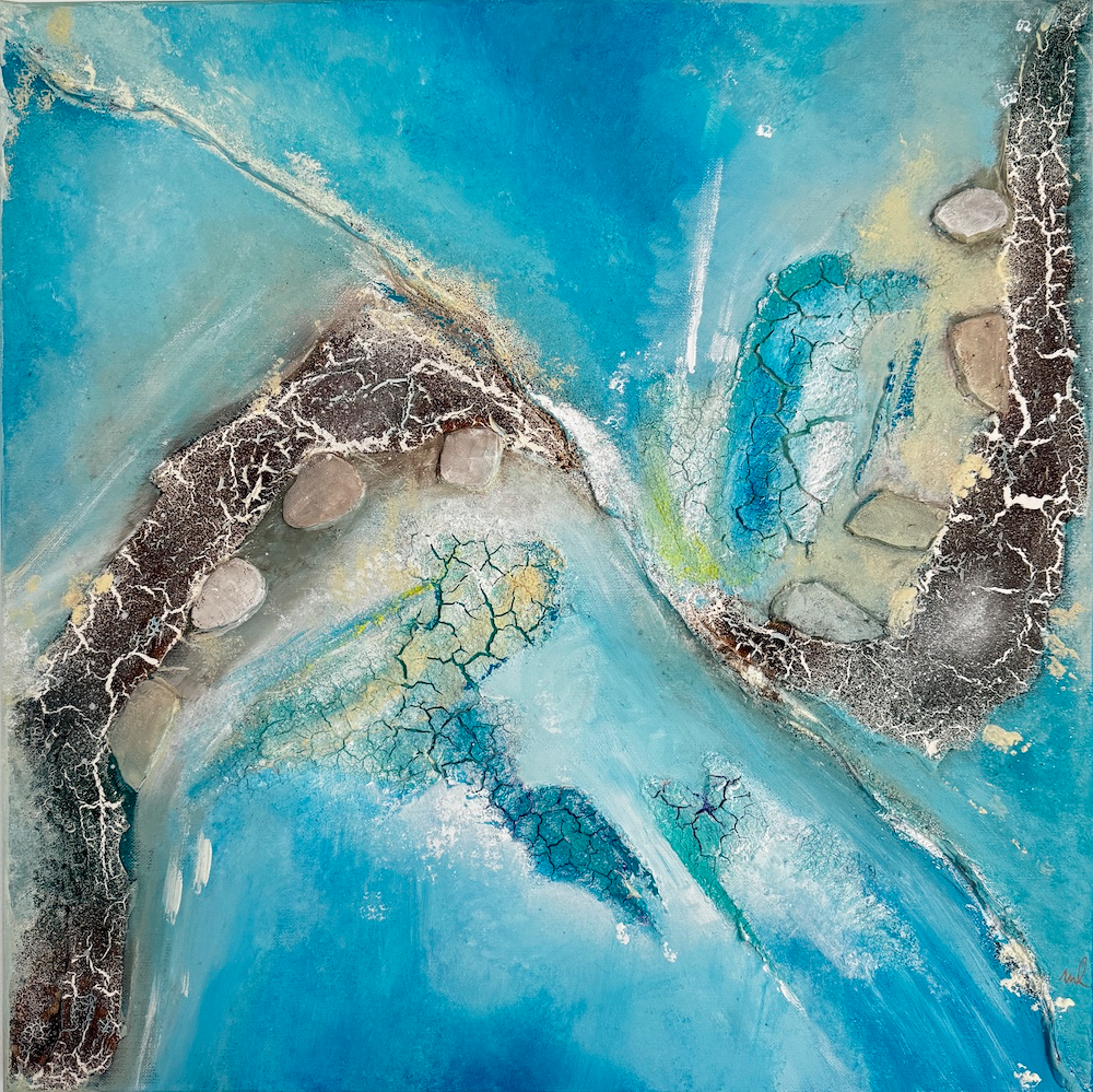 Flying II - Abstraktes Küsten-Acrylbild auf Leinwand 50x50cm | Blau Erdtöne