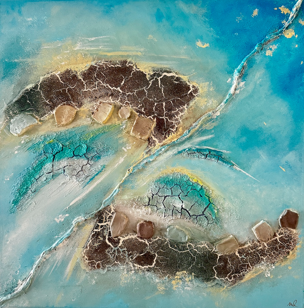 Flying III - Abstraktes Luftbild-Acrylgemälde auf Leinwand 50x50cm | Blau Beige 