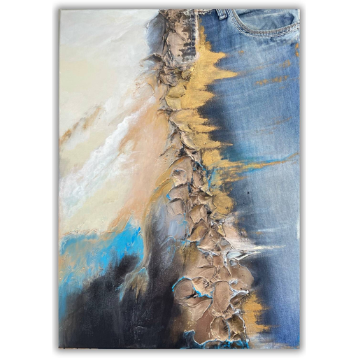 Denim & Gold 2 - abstraktes Wandbild auf Leinwand mit Viazoni-Jeans 70x50cm